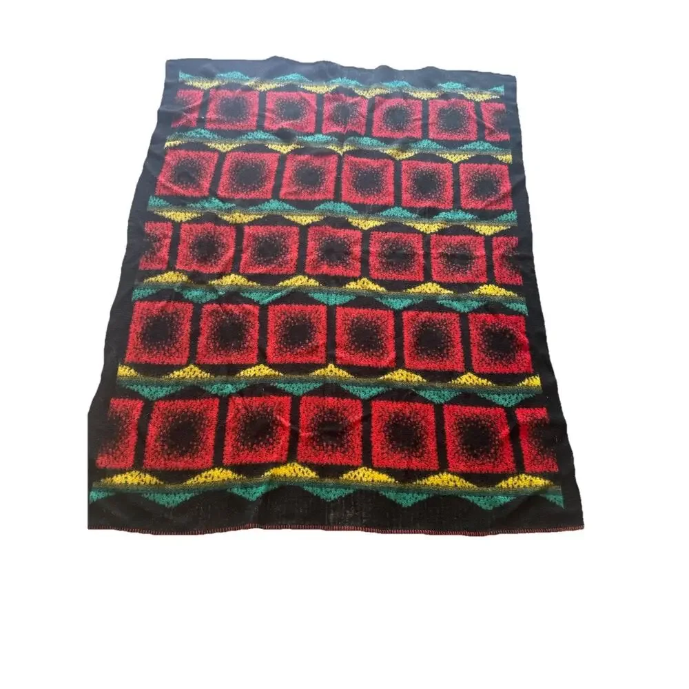 Vintage 1980s Reversible Wool Blend Acrylic Throw Blanket Retro Geometric